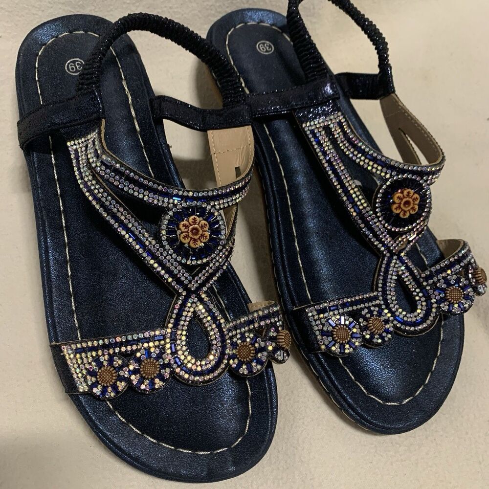 Blue Boho Beaded Sandals T Strap Womens Sz 8-8.5 Comfort Glam Bling Flat Slip On